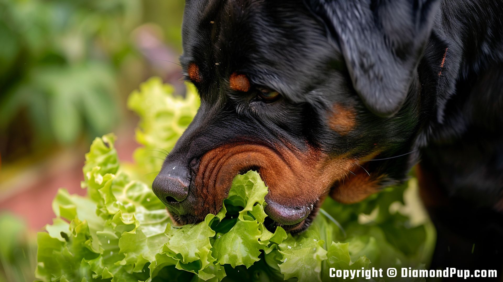 Photograph of a Happy Rottweiler Eating Lettuce