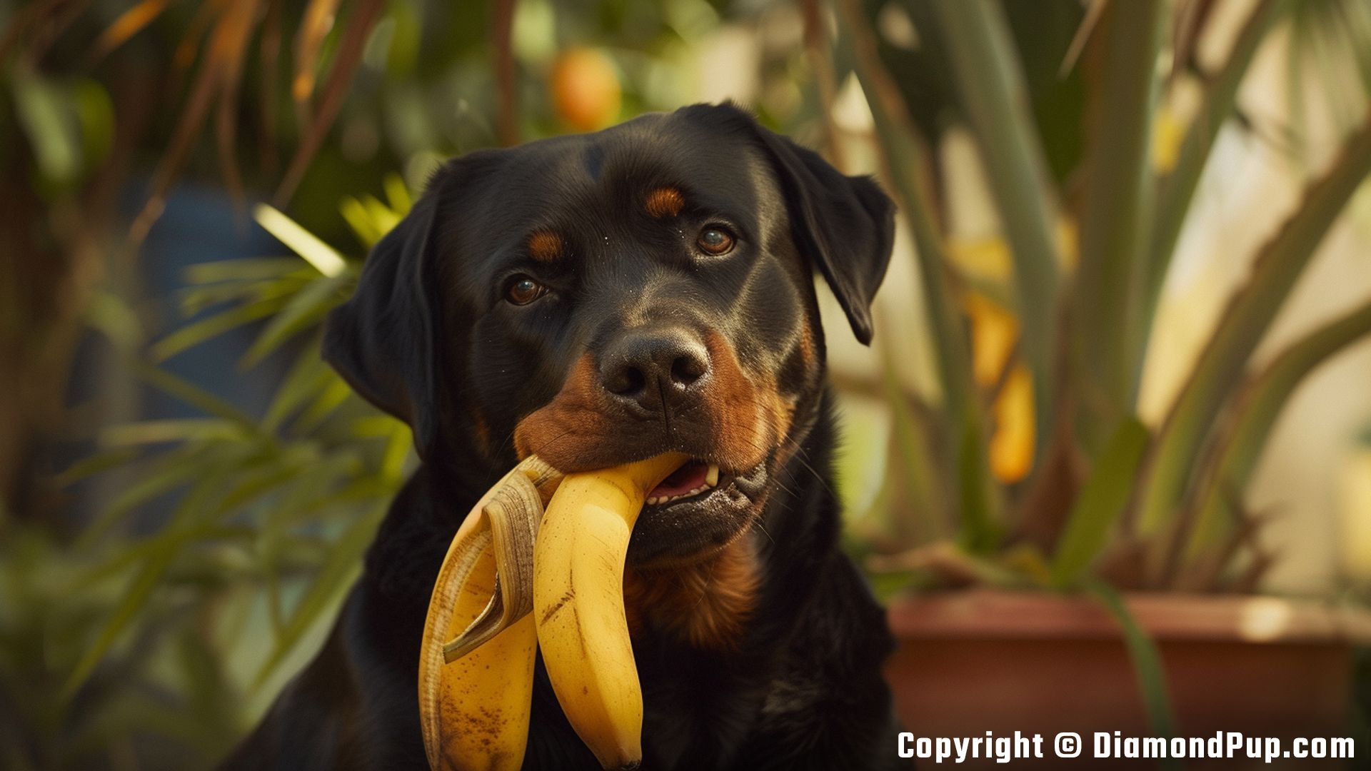 Photograph of a Happy Rottweiler Snacking on Banana