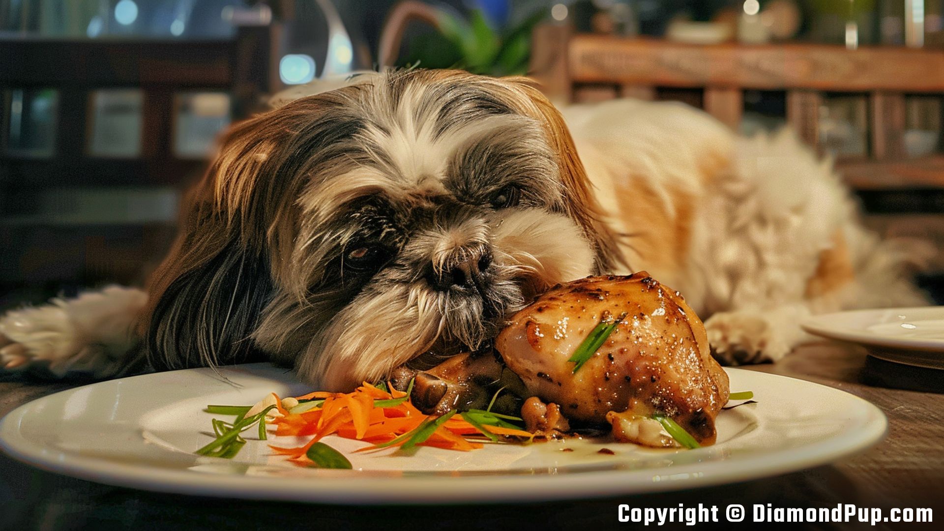 Photograph of a Happy Shih Tzu Eating Chicken