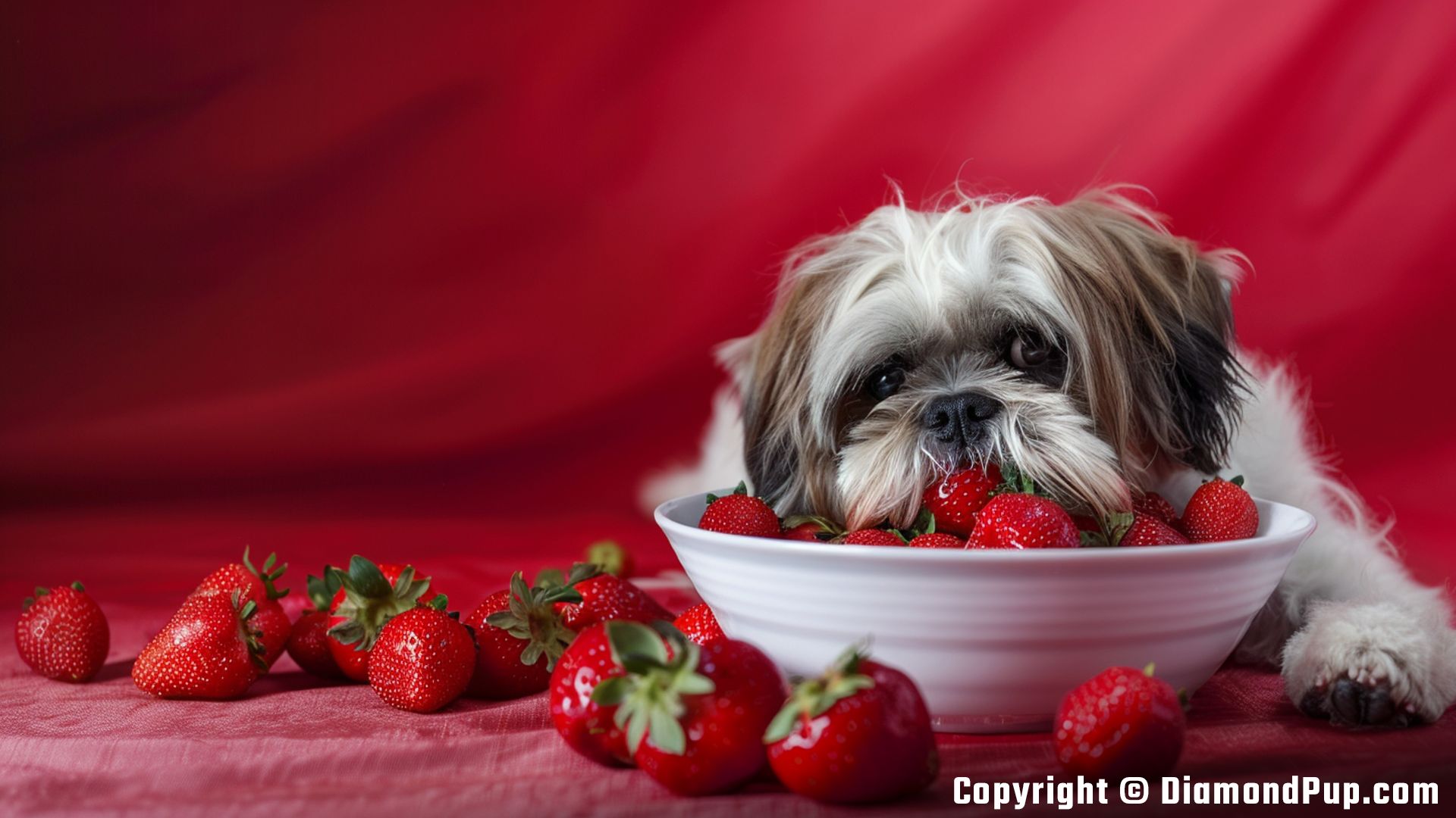 Photograph of a Happy Shih Tzu Eating Strawberries