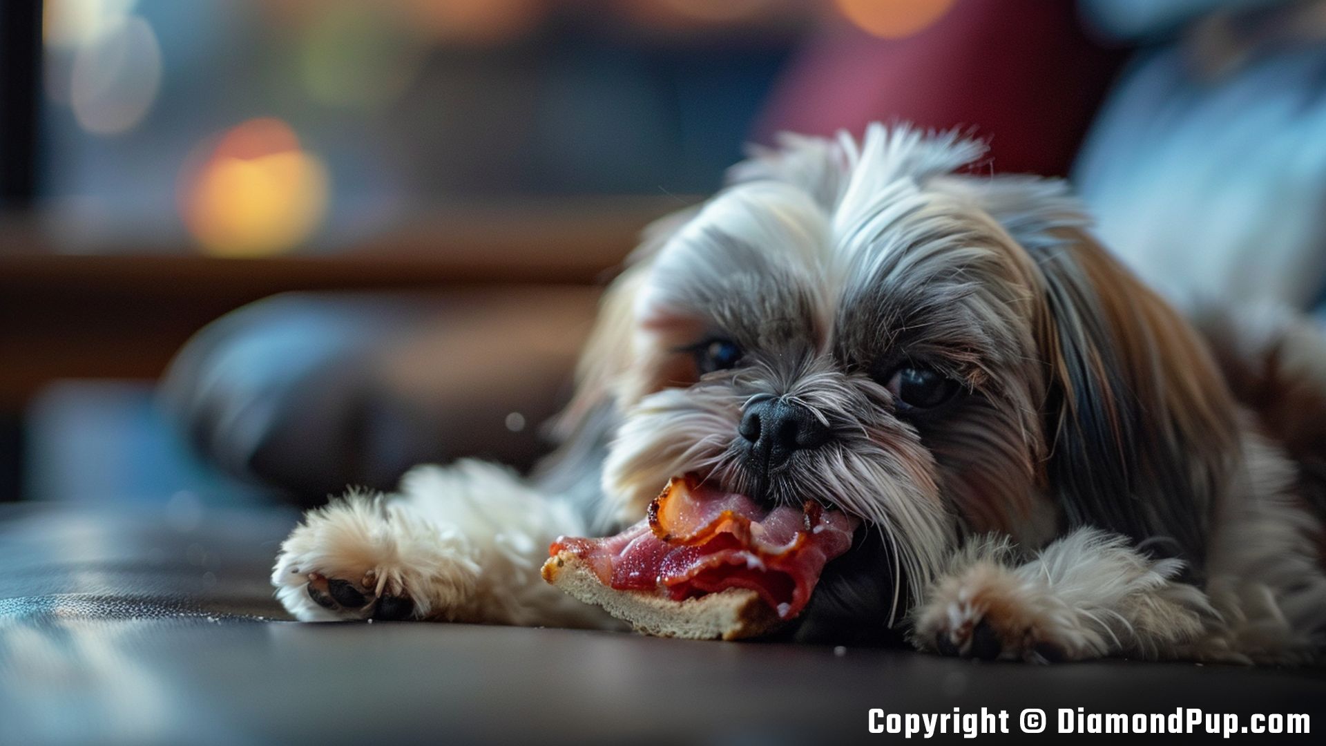 Photograph of a Happy Shih Tzu Snacking on Bacon