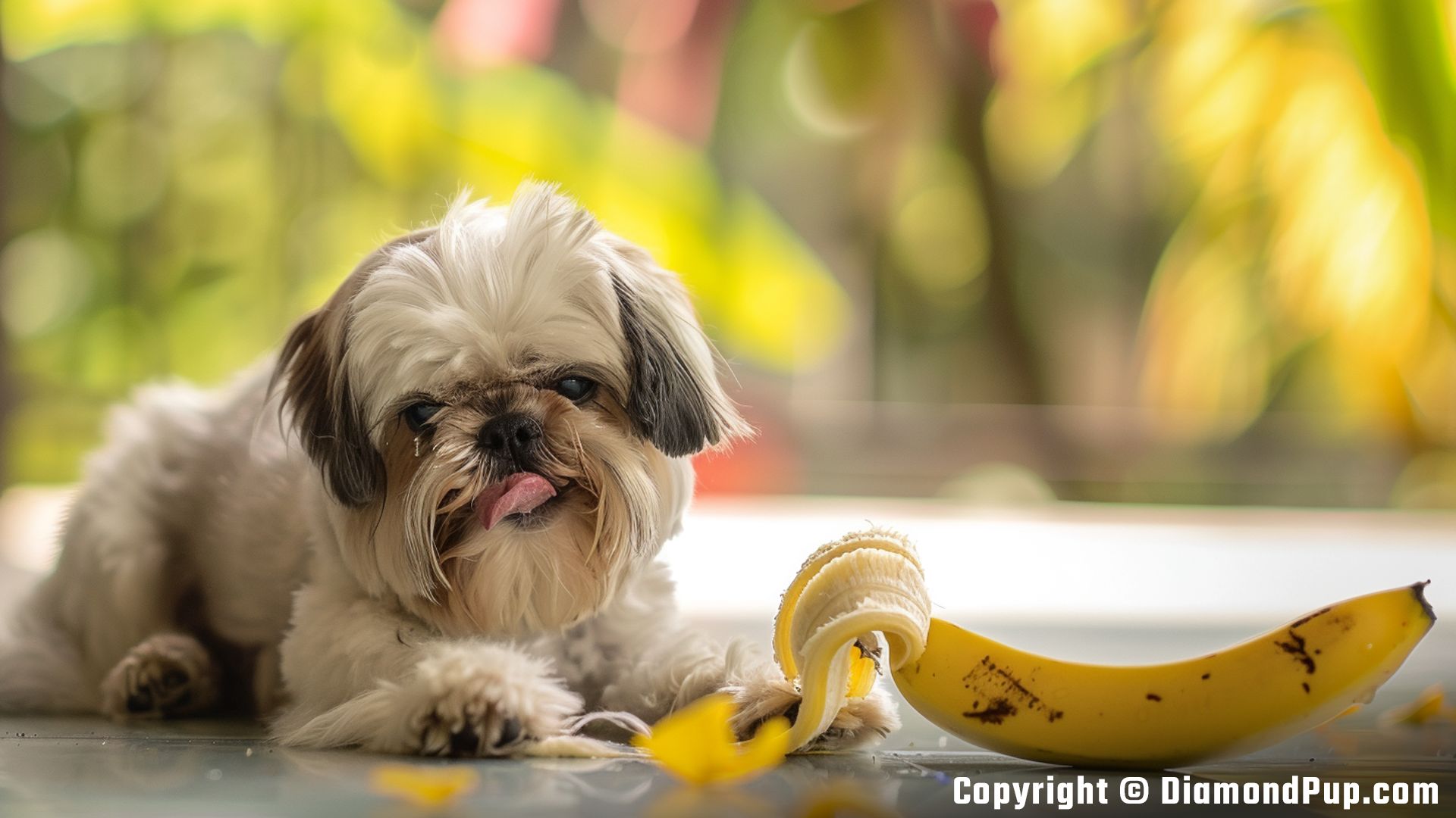 Photograph of a Happy Shih Tzu Snacking on Banana
