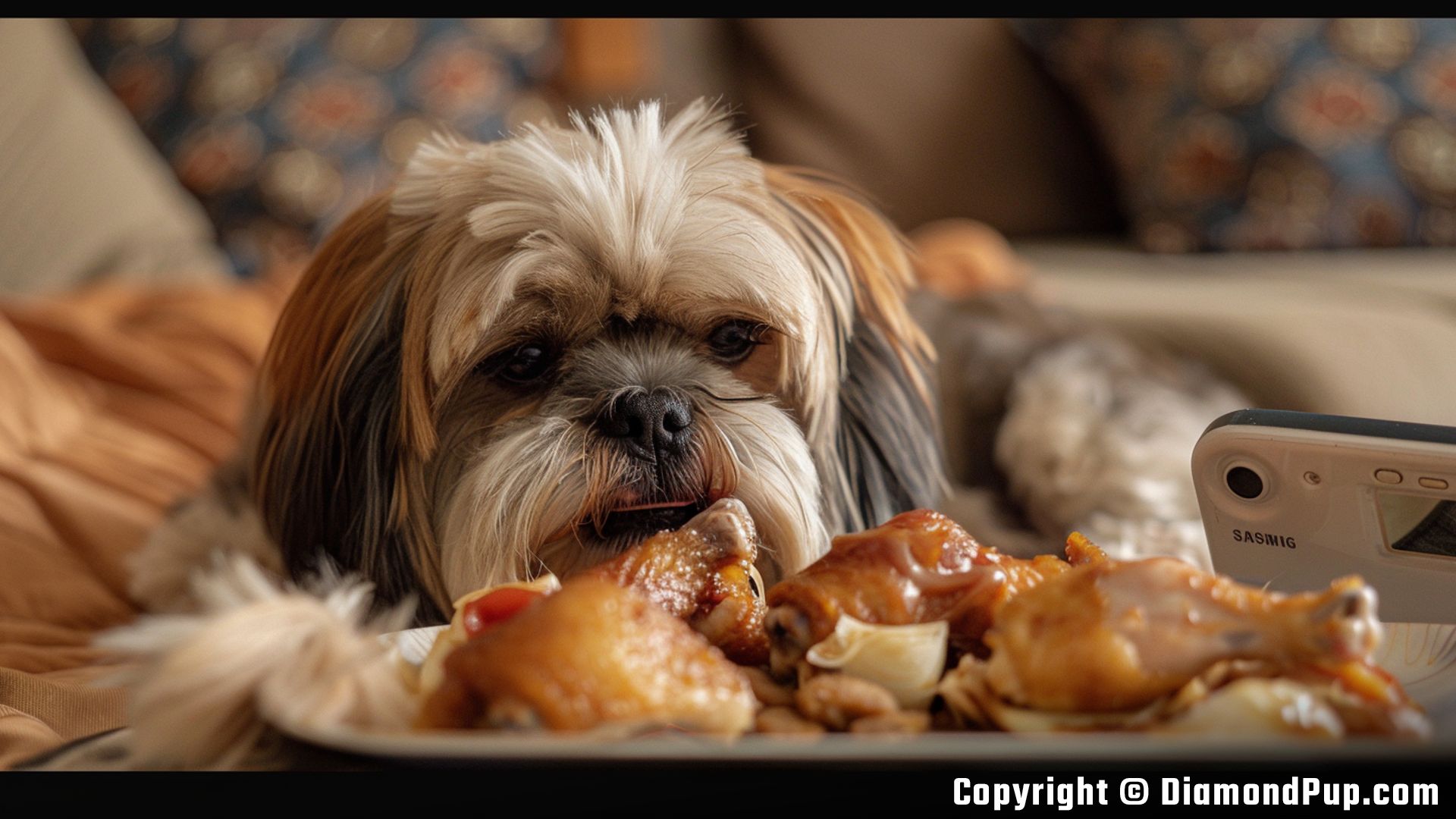 Photograph of a Happy Shih Tzu Snacking on Chicken