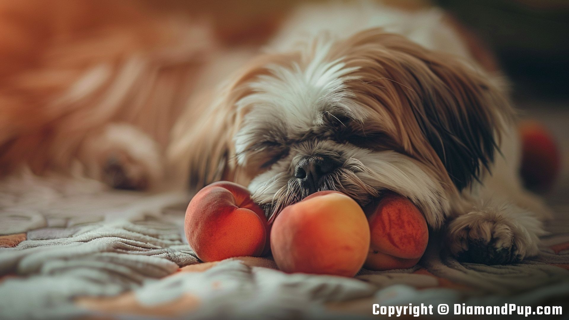 Photograph of a Happy Shih Tzu Snacking on Peaches