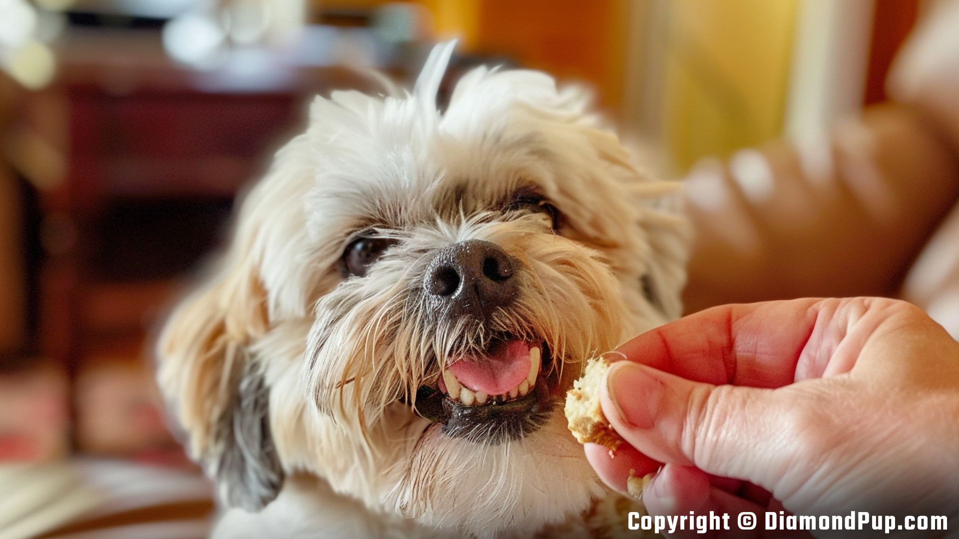 Photograph of a Happy Shih Tzu Snacking on Potato