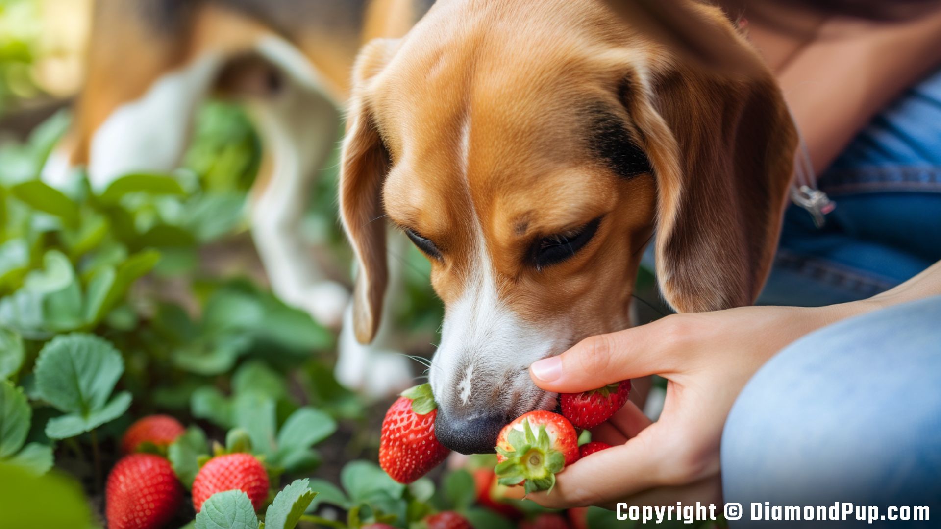 Photograph of a Playful Beagle Eating Strawberries