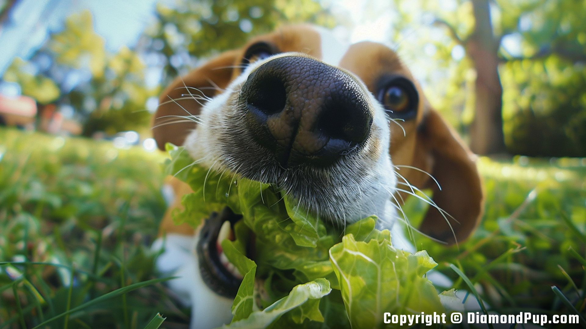 Photograph of a Playful Beagle Snacking on Lettuce