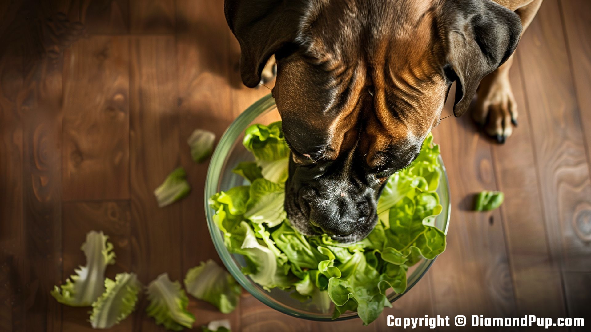 Photograph of a Playful Boxer Eating Lettuce