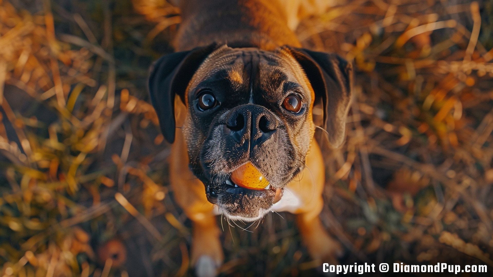 Photograph of a Playful Boxer Eating Peaches