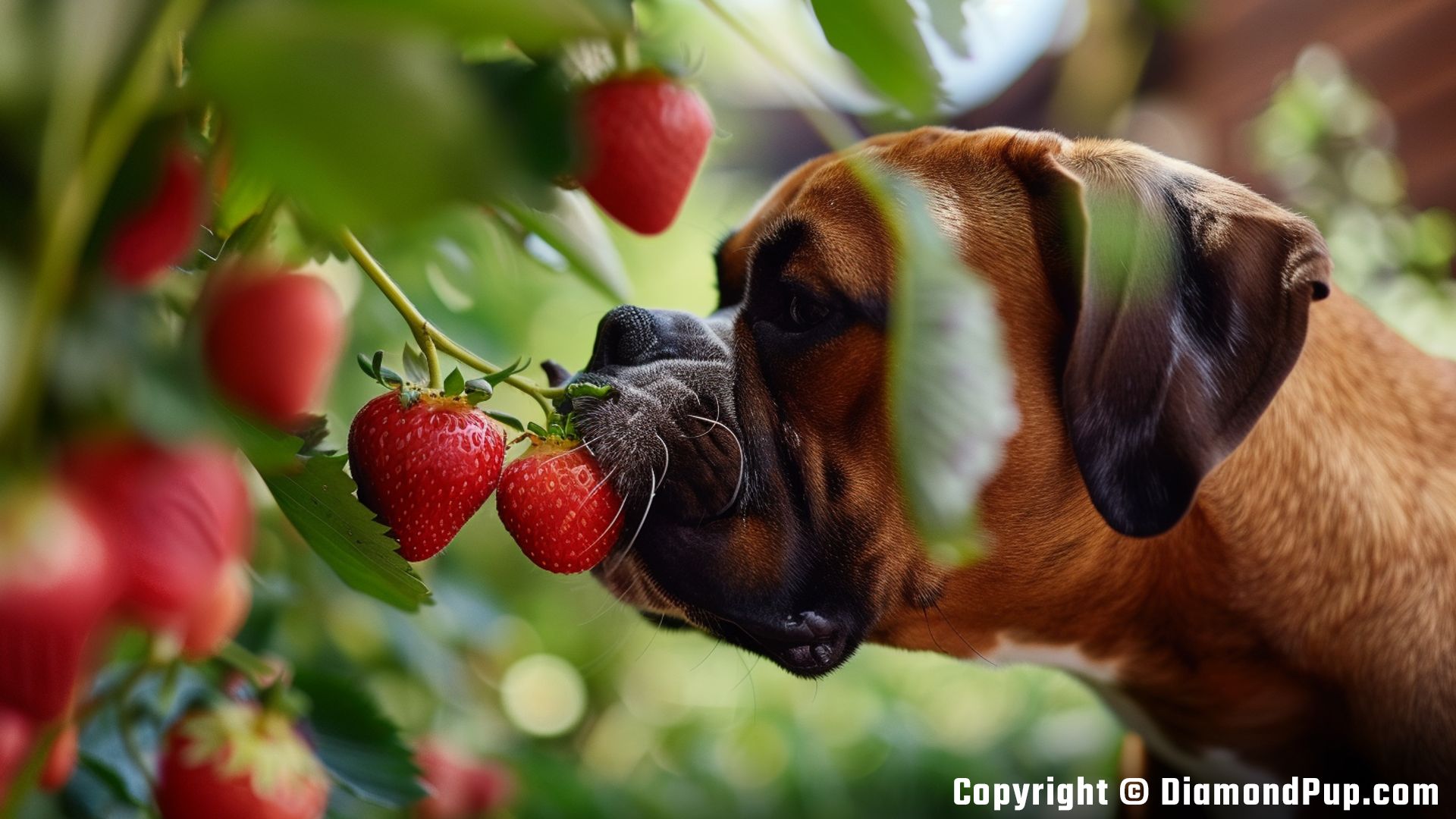 Photograph of a Playful Boxer Eating Strawberries
