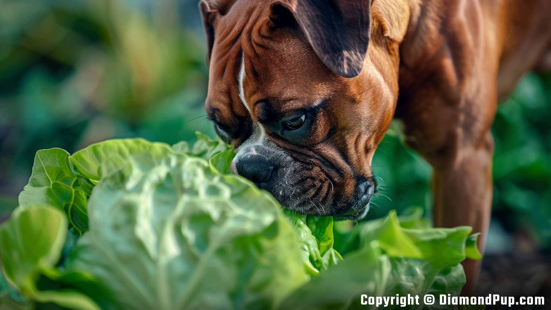 Photograph of a Playful Boxer Snacking on Lettuce