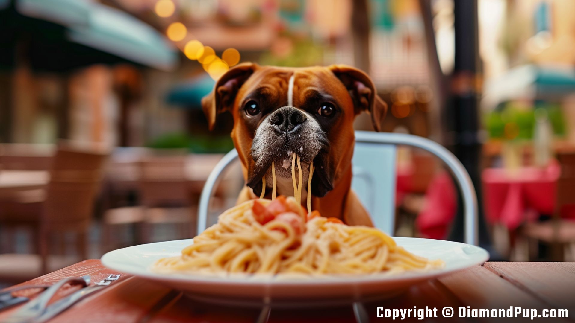 Photograph of a Playful Boxer Snacking on Pasta
