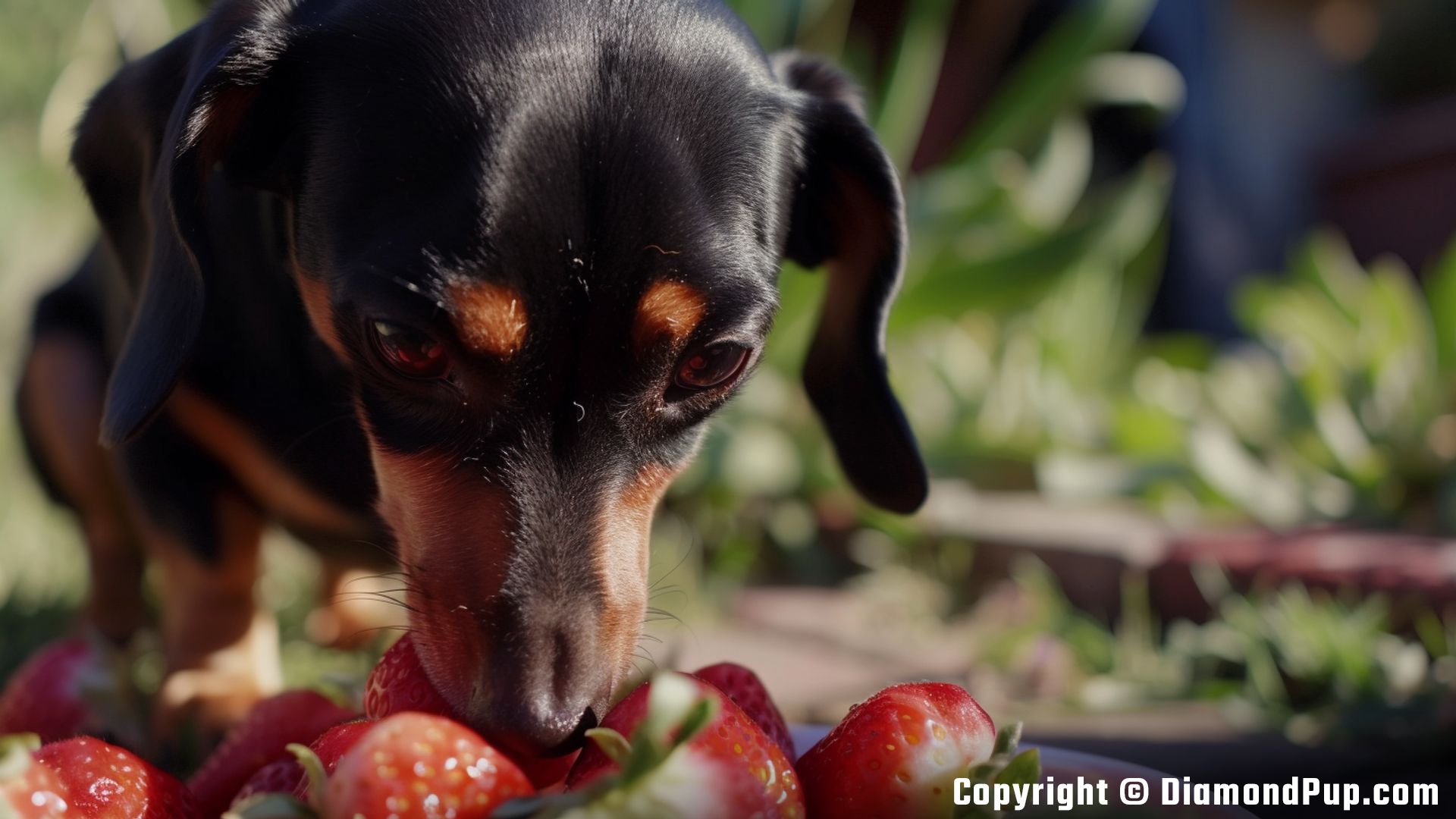 Photograph of a Playful Dachshund Eating Strawberries