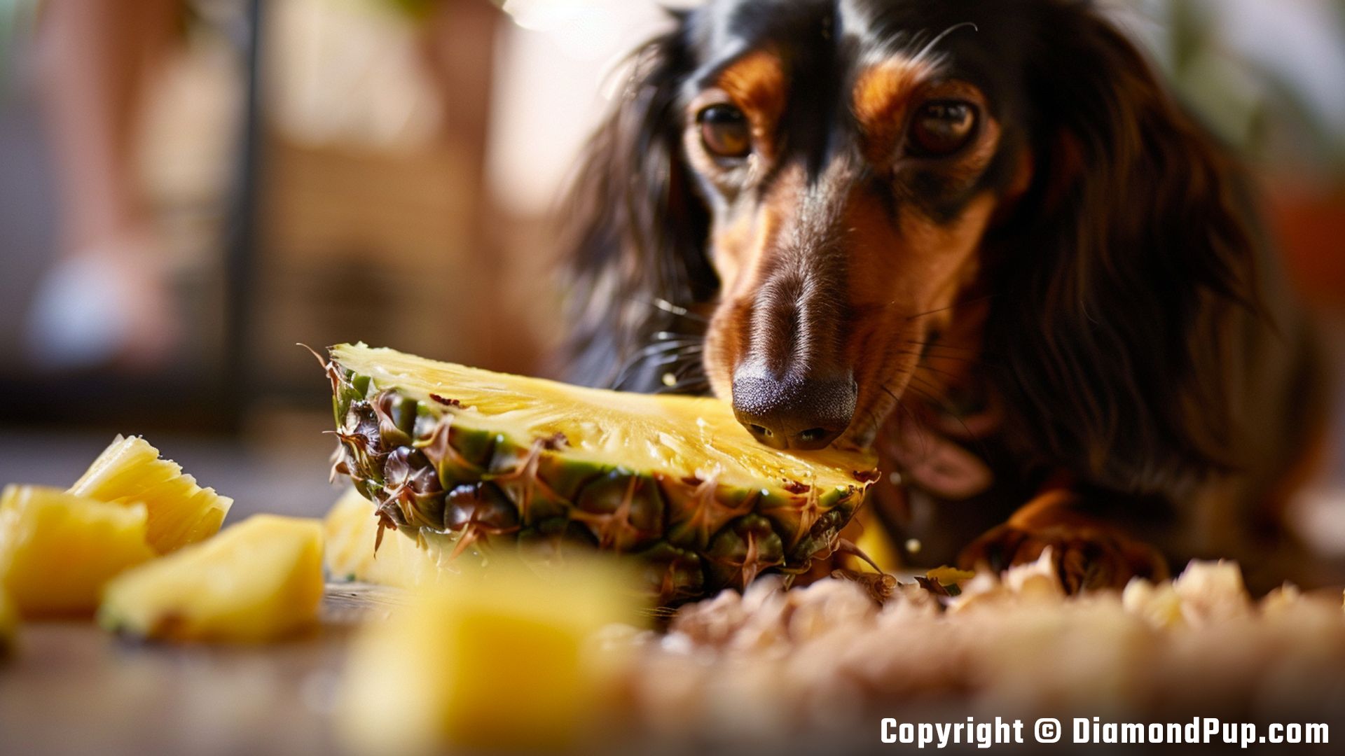 Photograph of a Playful Dachshund Snacking on Pineapple