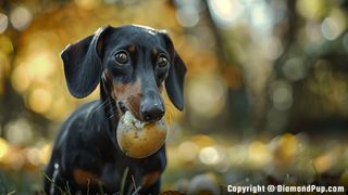 Photograph of a Playful Dachshund Snacking on Potato