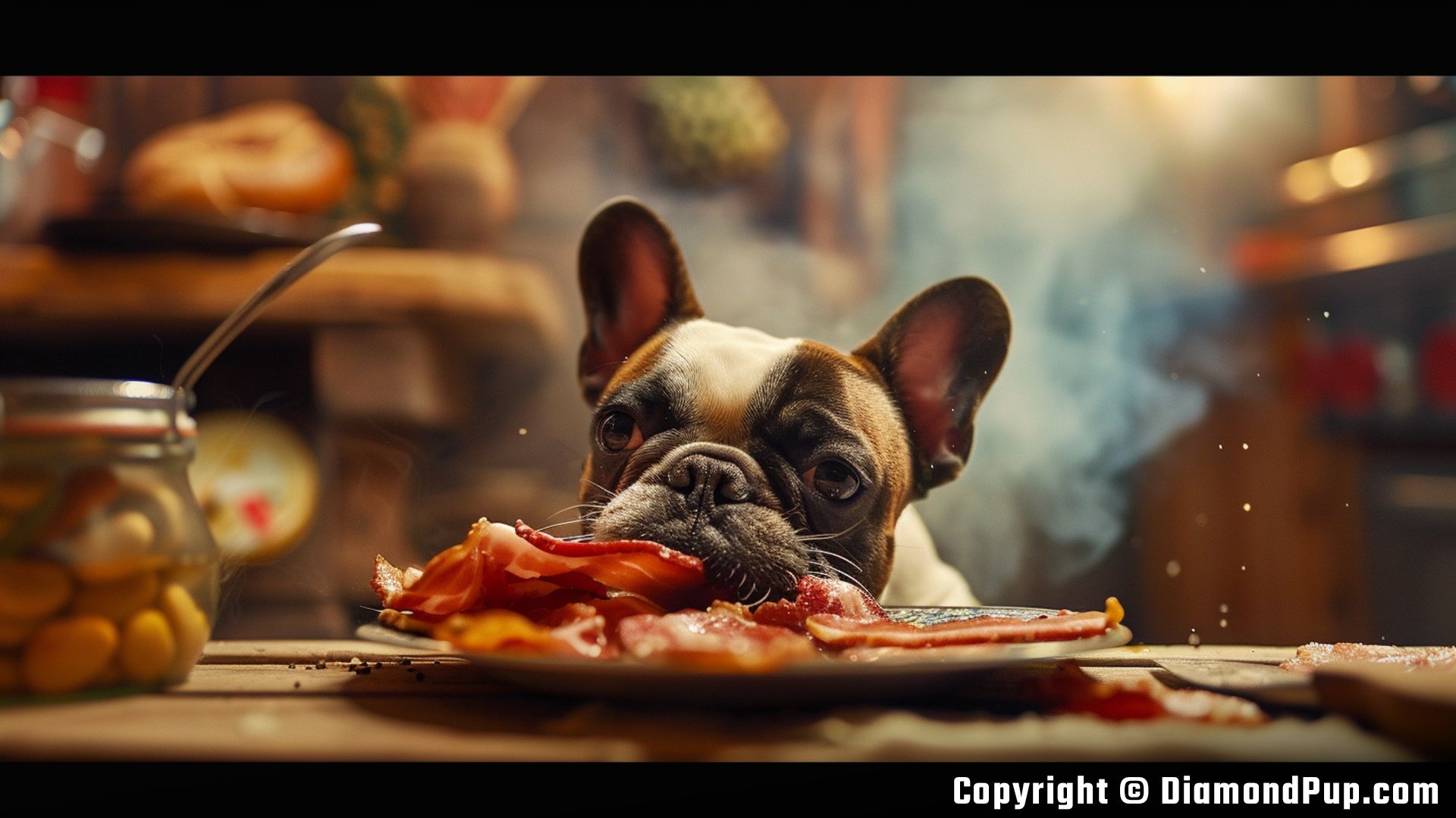 Photograph of a Playful French Bulldog Eating Bacon