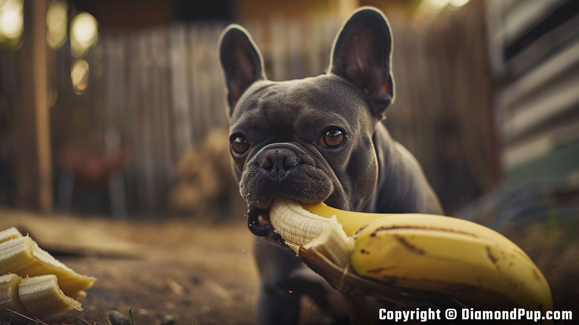 Photograph of a Playful French Bulldog Eating Banana