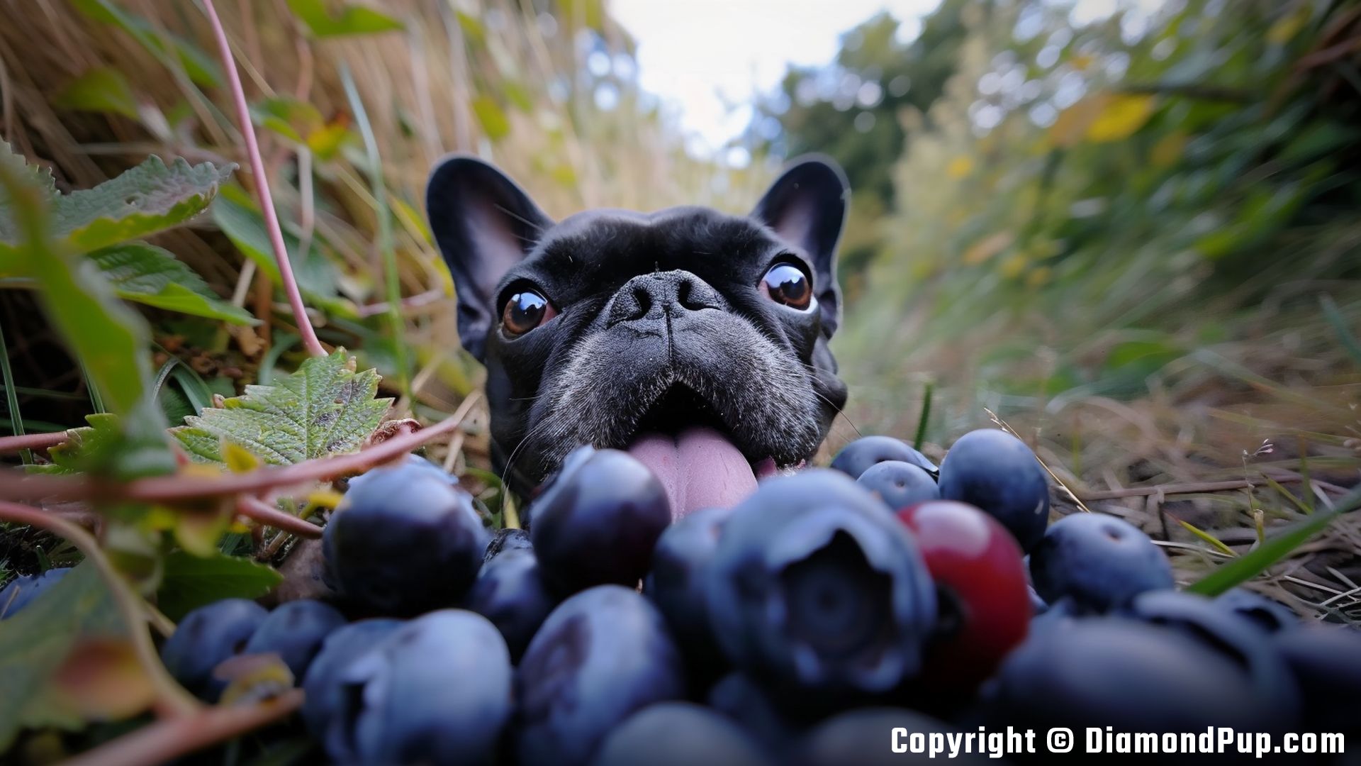 Photograph of a Playful French Bulldog Eating Blueberries