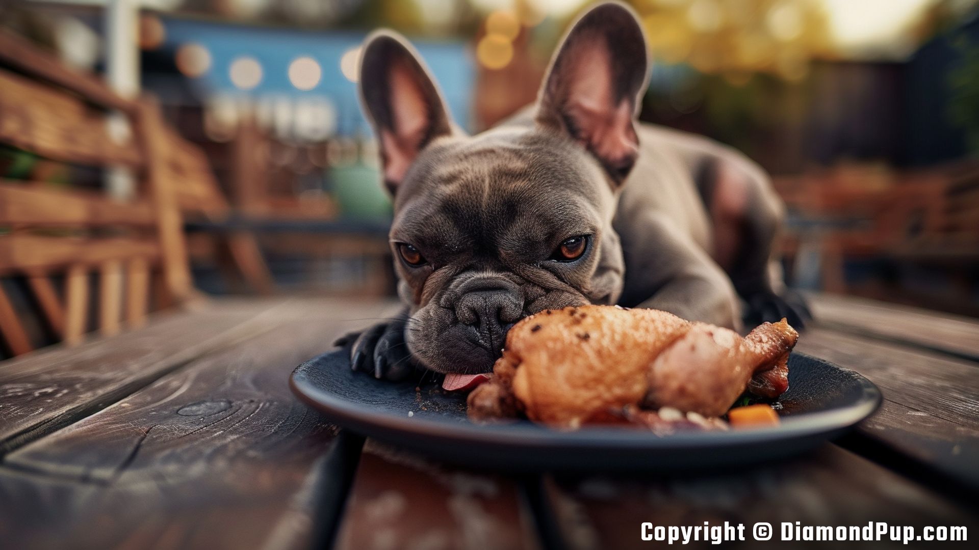 Photograph of a Playful French Bulldog Eating Chicken