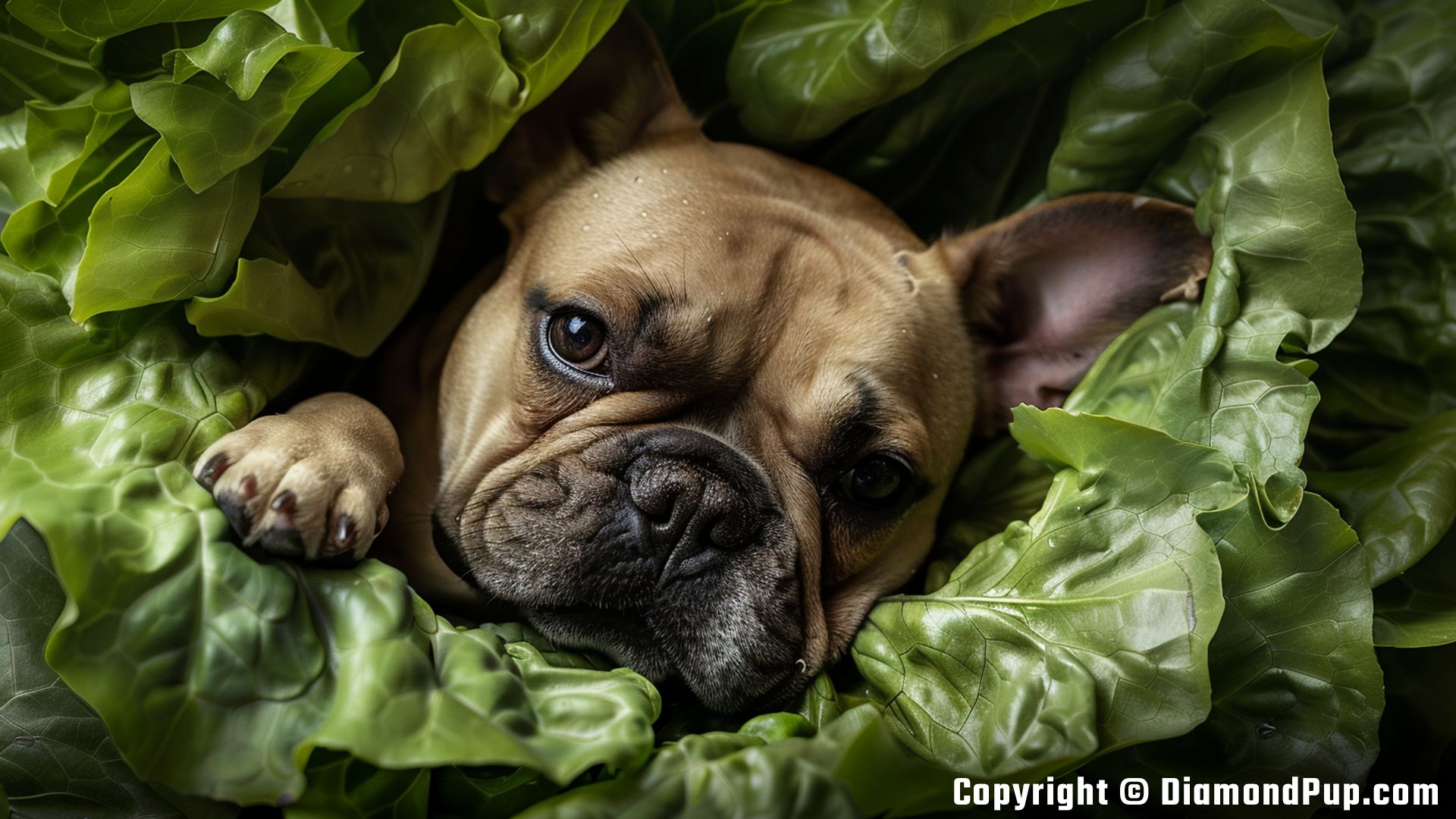 Photograph of a Playful French Bulldog Eating Lettuce