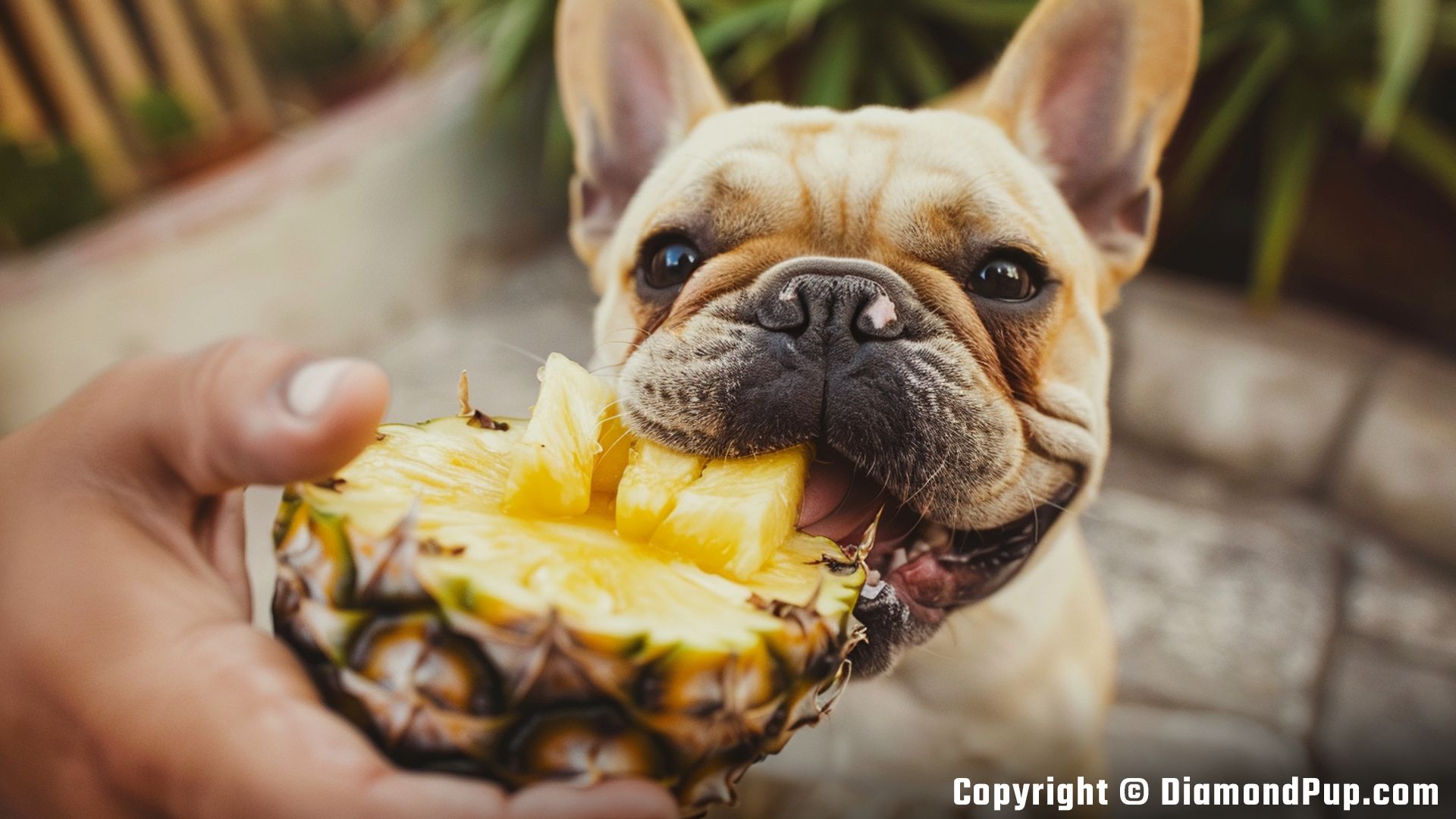 Photograph of a Playful French Bulldog Snacking on Pineapple