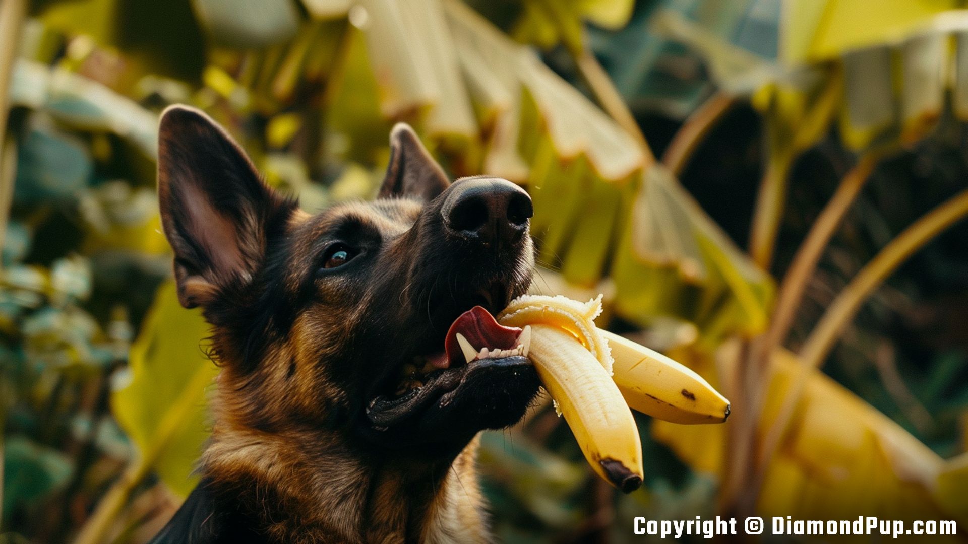 Photograph of a Playful German Shepherd Eating Banana
