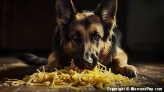 Photograph of a Playful German Shepherd Eating Pasta