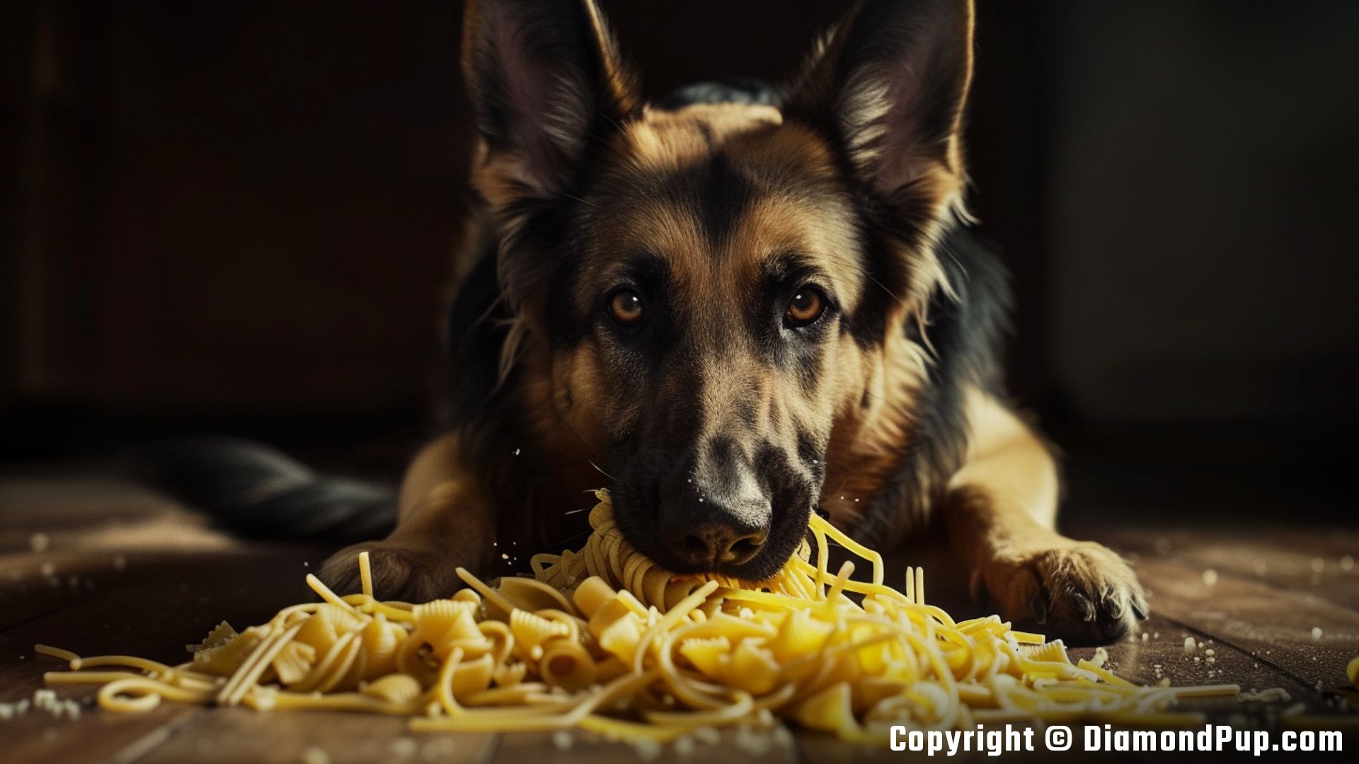 Photograph of a Playful German Shepherd Eating Pasta
