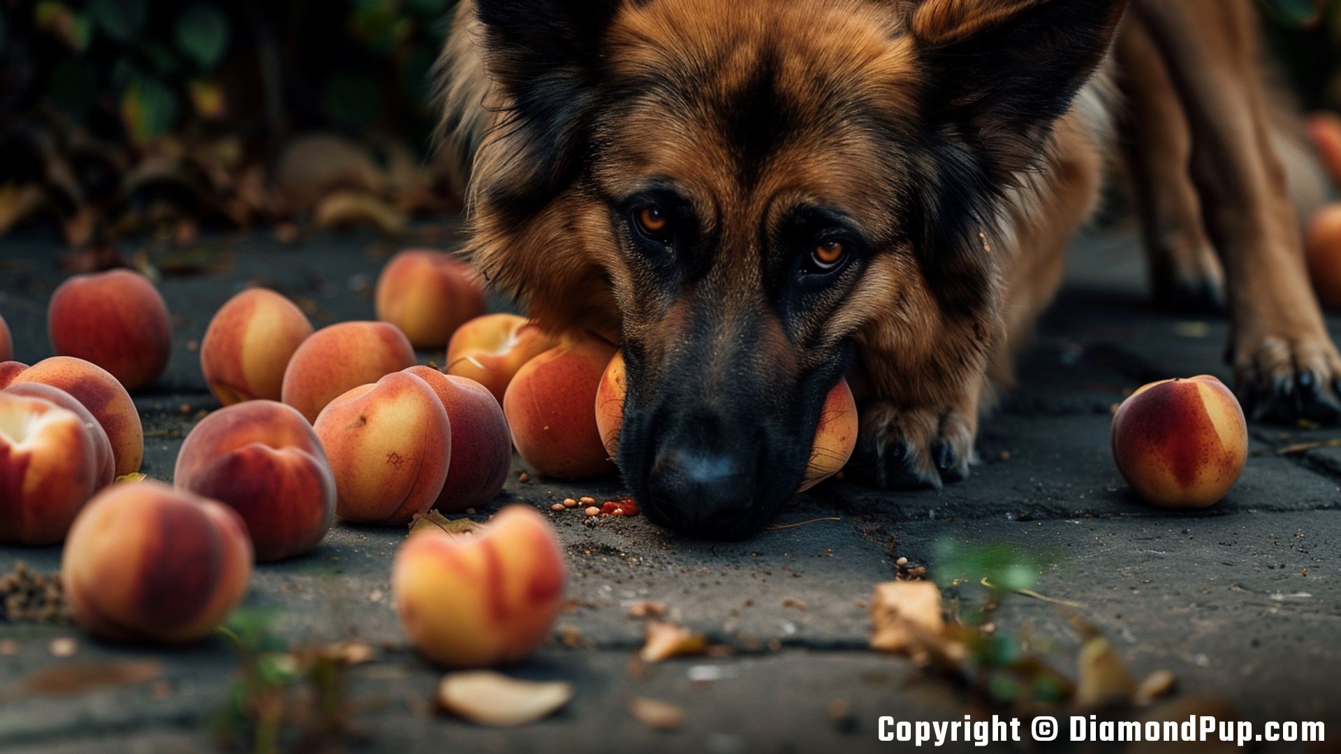 Photograph of a Playful German Shepherd Eating Peaches