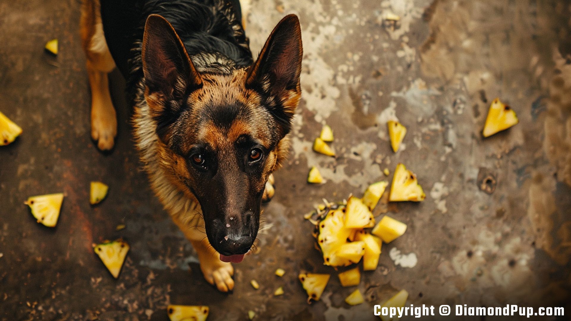 Photograph of a Playful German Shepherd Eating Pineapple