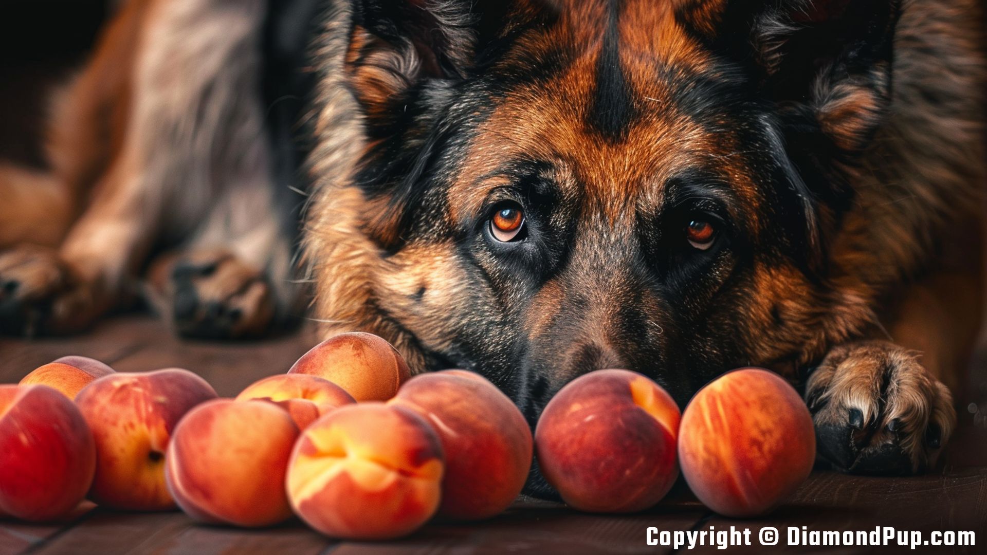 Photograph of a Playful German Shepherd Snacking on Peaches