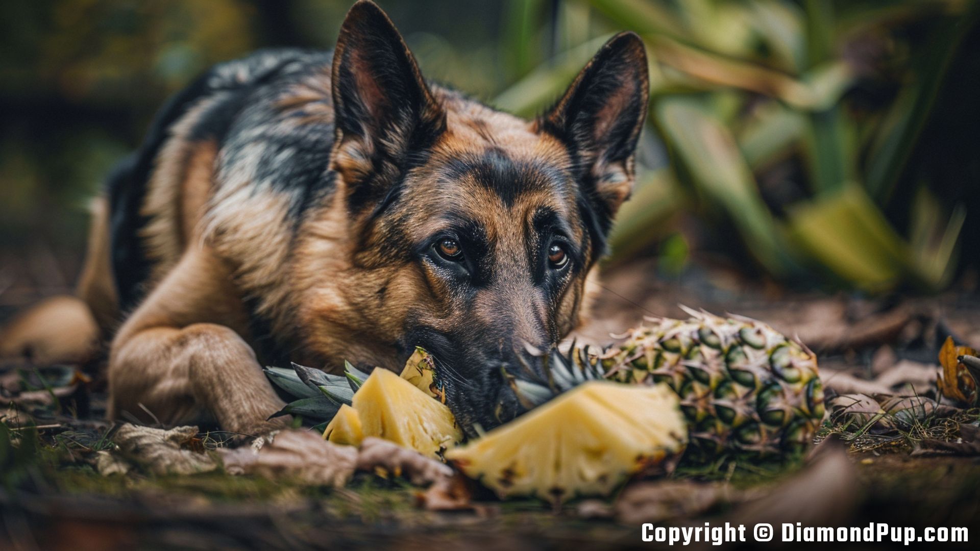 Photograph of a Playful German Shepherd Snacking on Pineapple