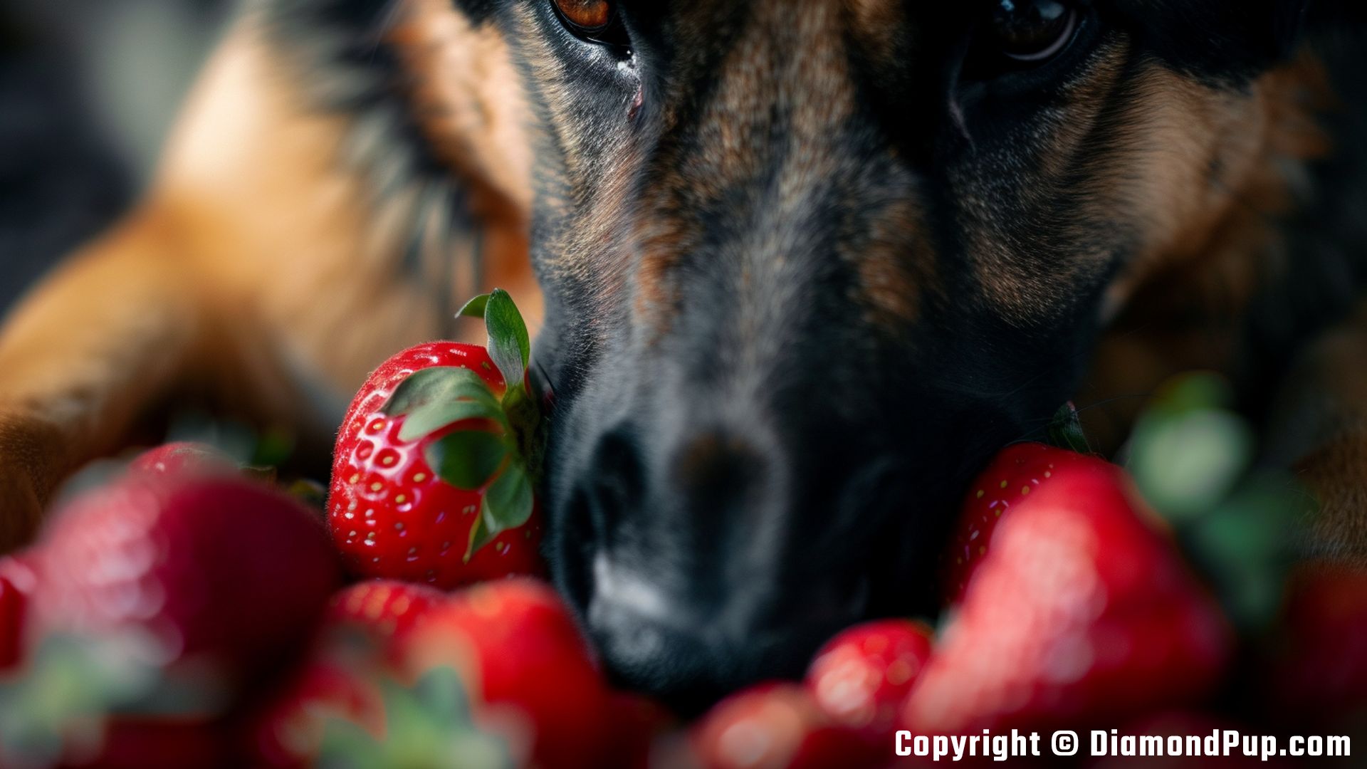 Photograph of a Playful German Shepherd Snacking on Strawberries