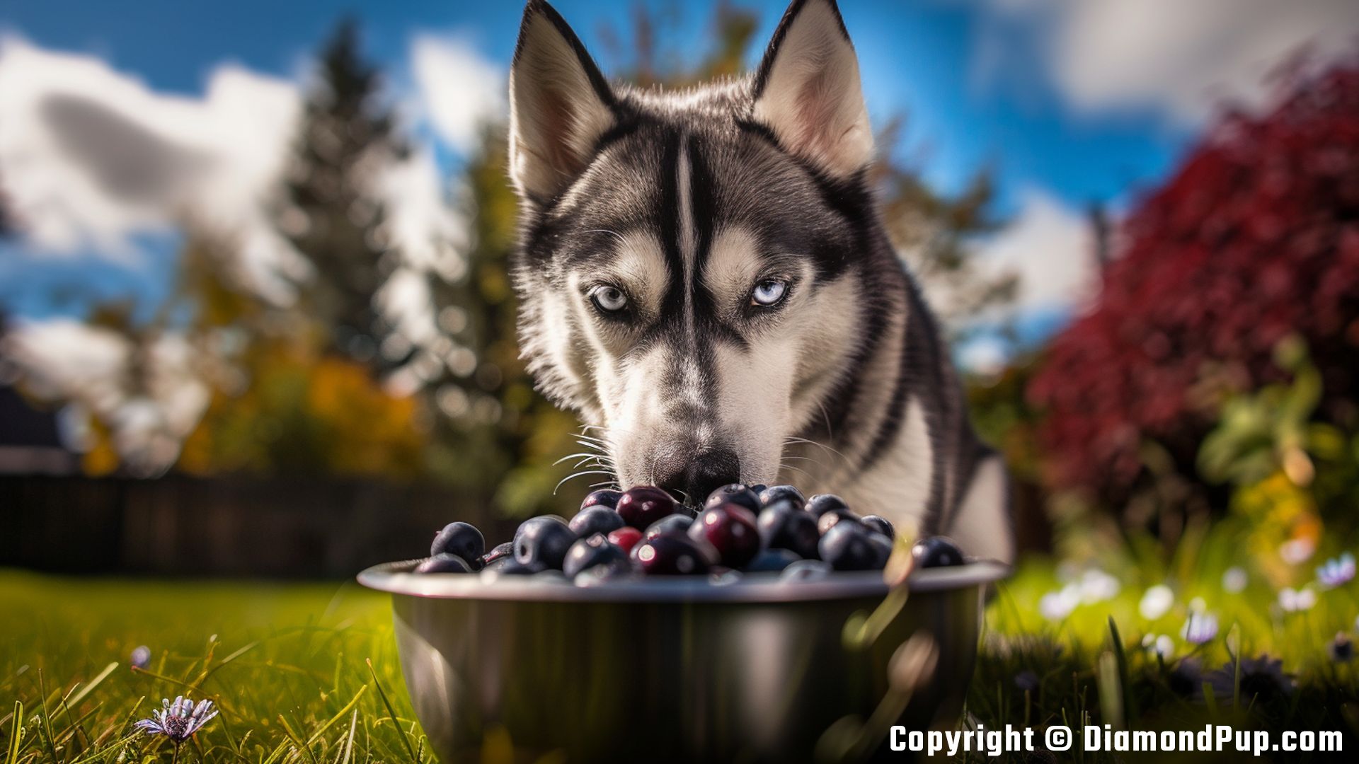 Photograph of a Playful Husky Eating Blueberries