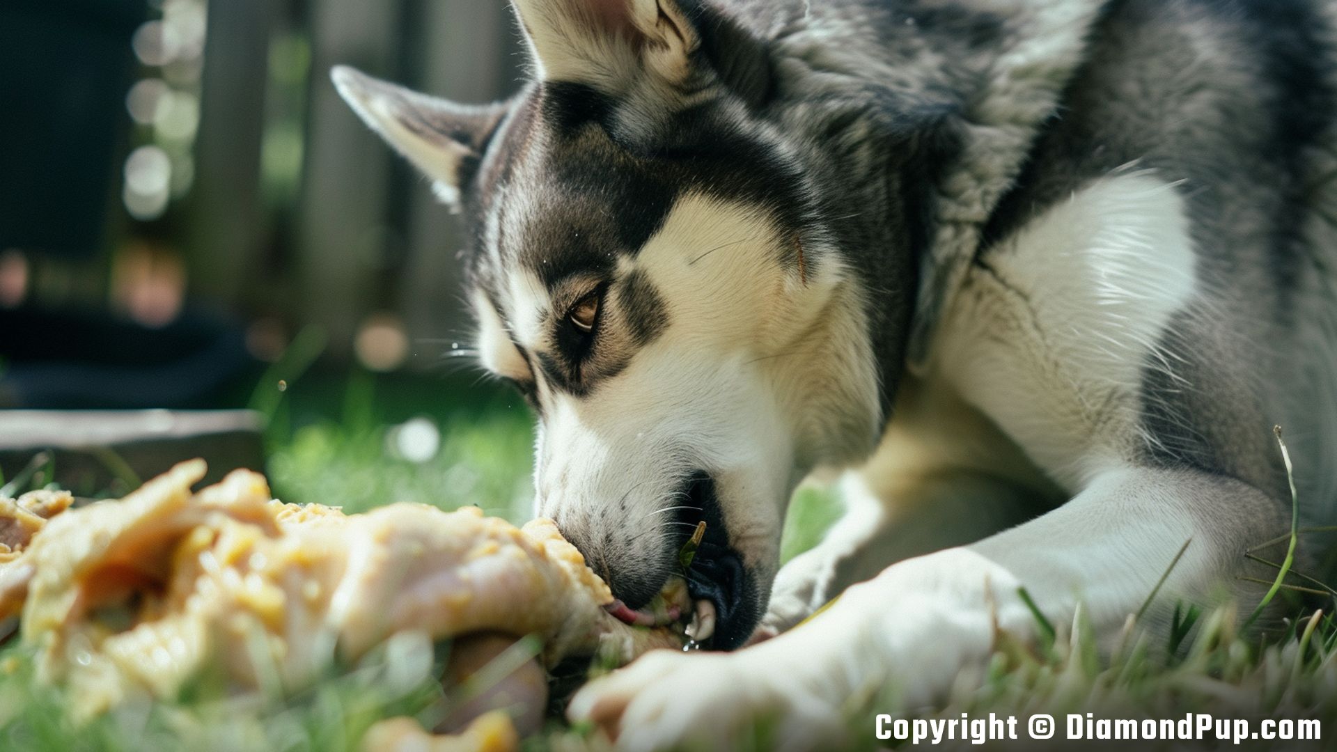 Photograph of a Playful Husky Eating Chicken