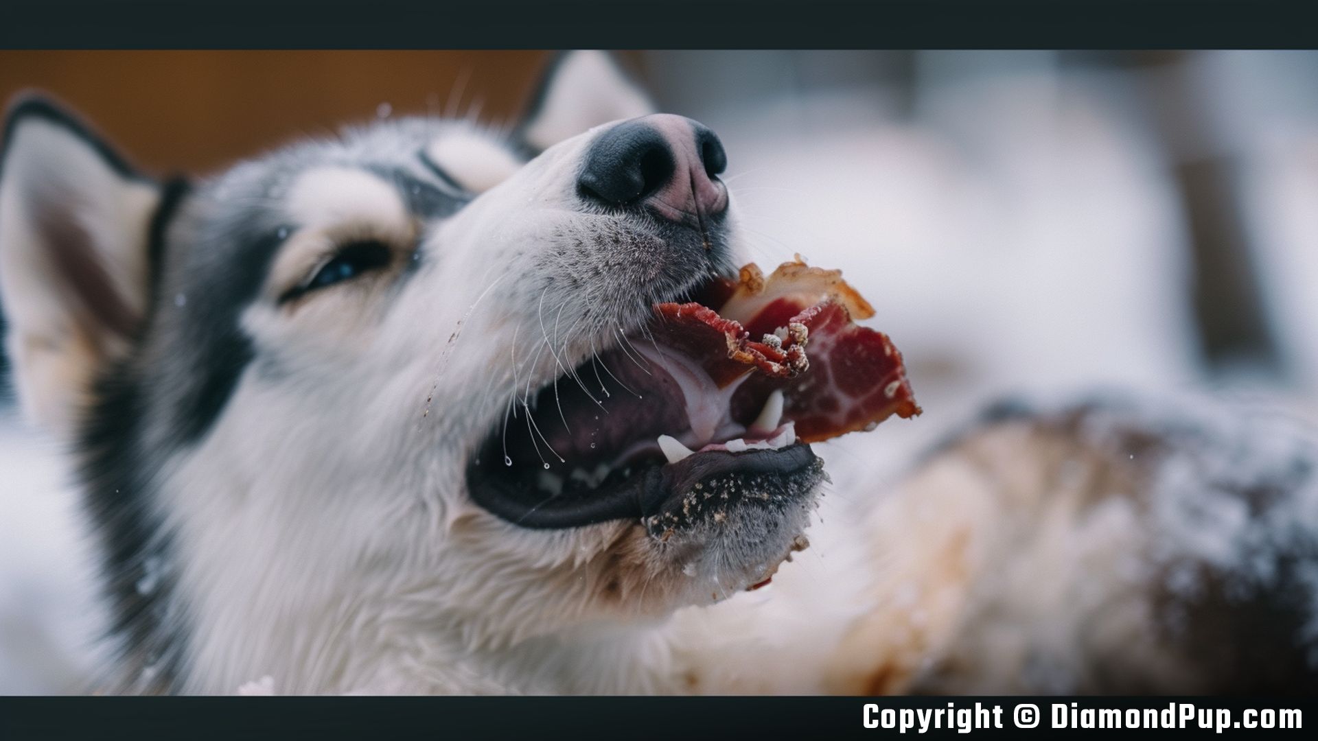 Photograph of a Playful Husky Snacking on Bacon