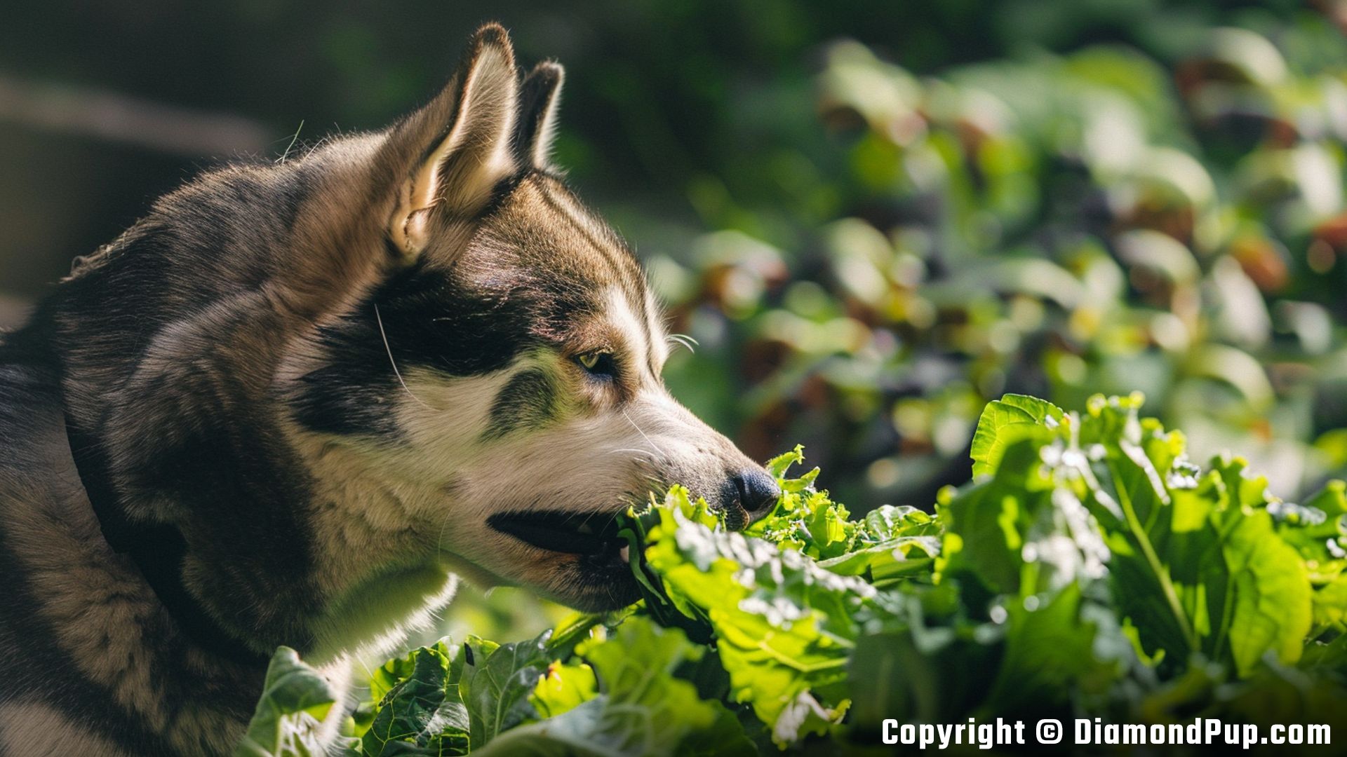 Photograph of a Playful Husky Snacking on Lettuce