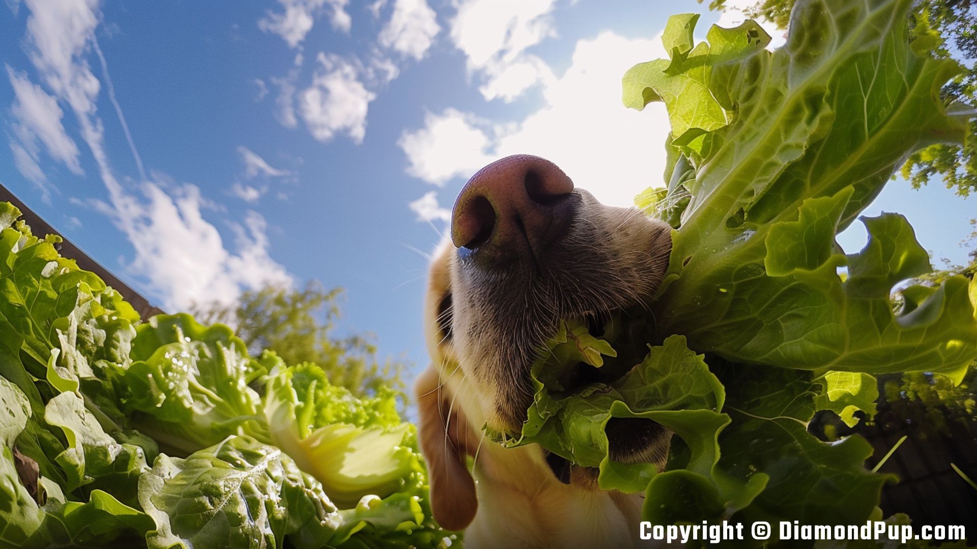 Photograph of a Playful Labrador Eating Lettuce