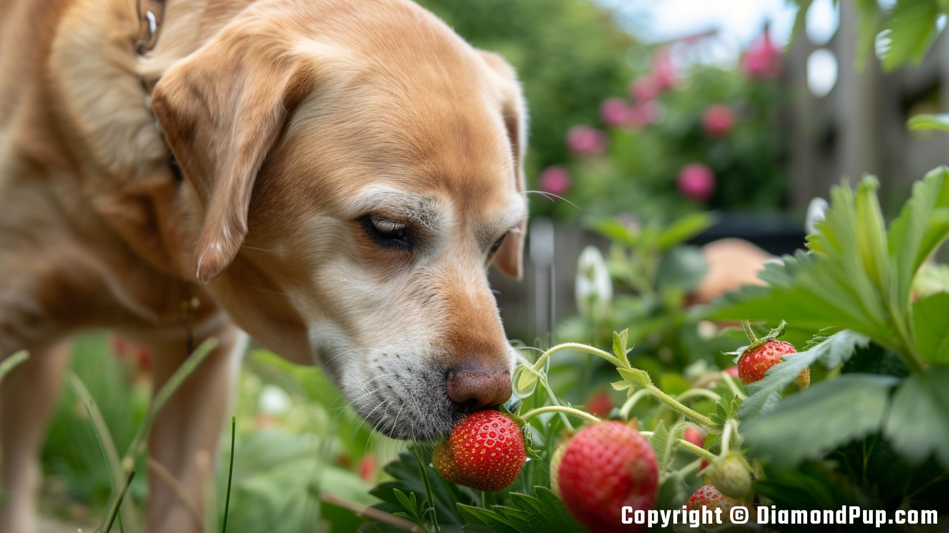 Photograph of a Playful Labrador Eating Strawberries