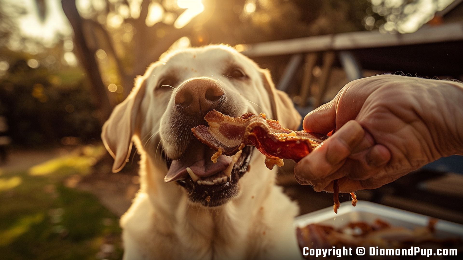 Photograph of a Playful Labrador Snacking on Bacon