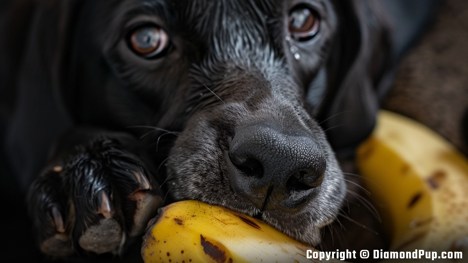 Photograph of a Playful Labrador Snacking on Banana