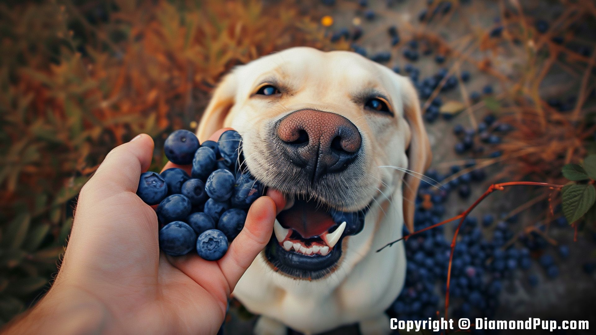 Photograph of a Playful Labrador Snacking on Blueberries