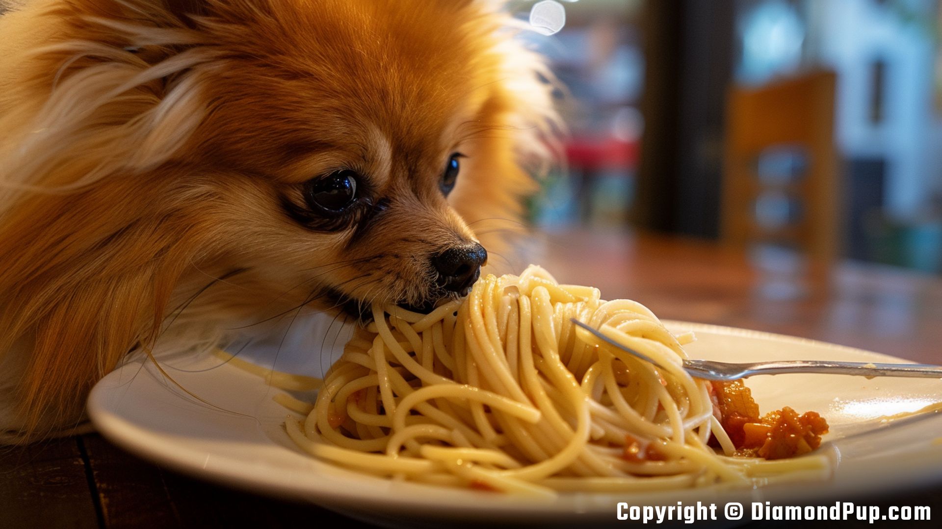 Photograph of a Playful Pomeranian Eating Pasta