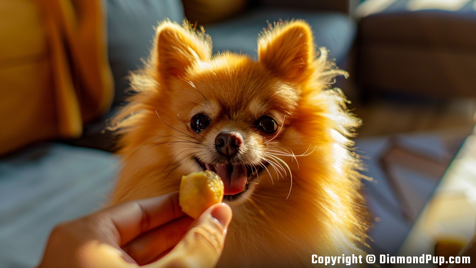 Photograph of a Playful Pomeranian Snacking on Peaches