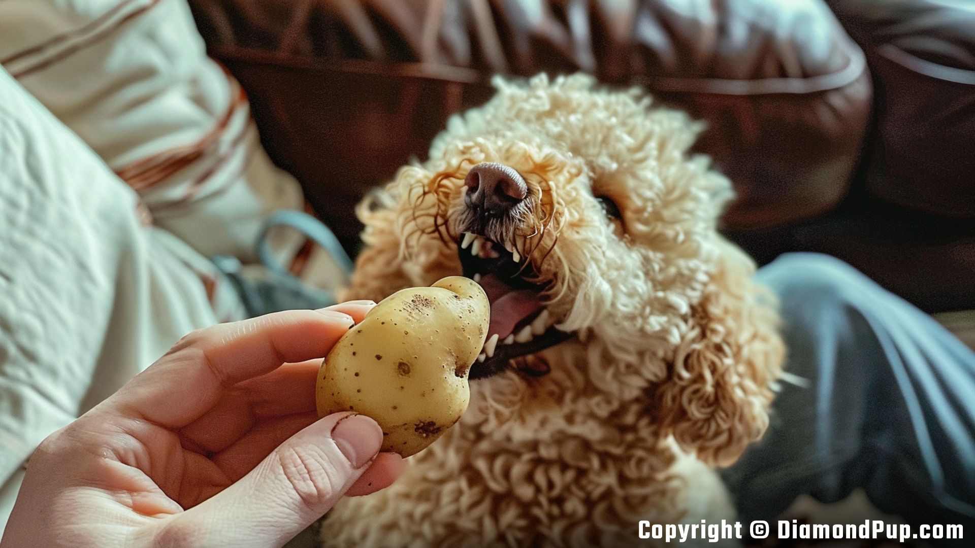 Photograph of a Playful Poodle Eating Potato