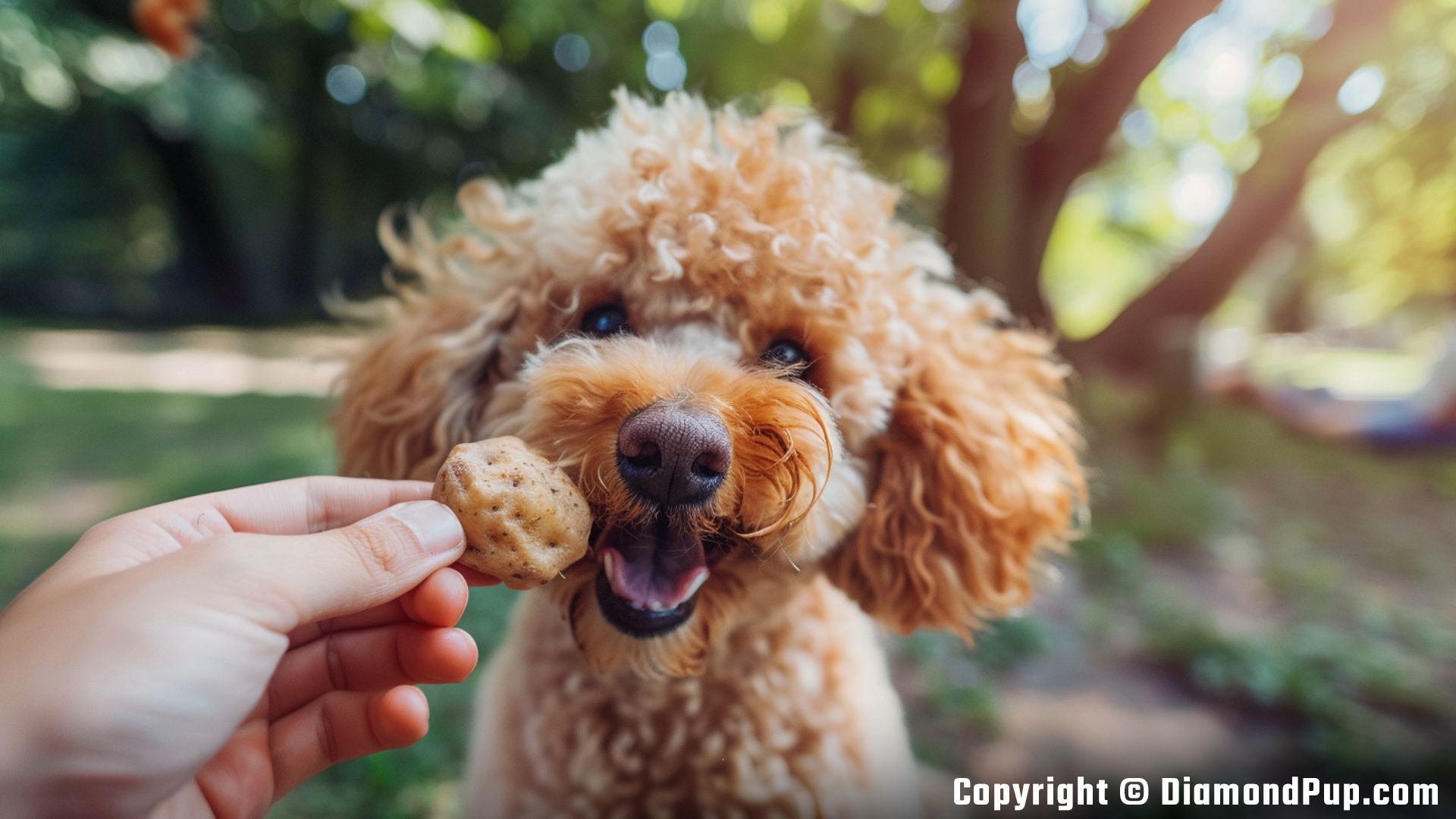 Photograph of a Playful Poodle Snacking on Potato