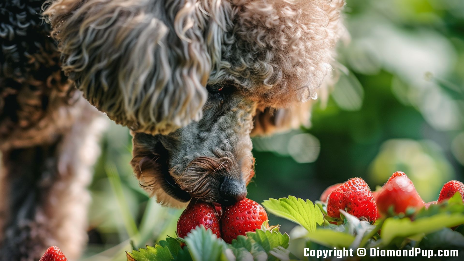 Photograph of a Playful Poodle Snacking on Strawberries