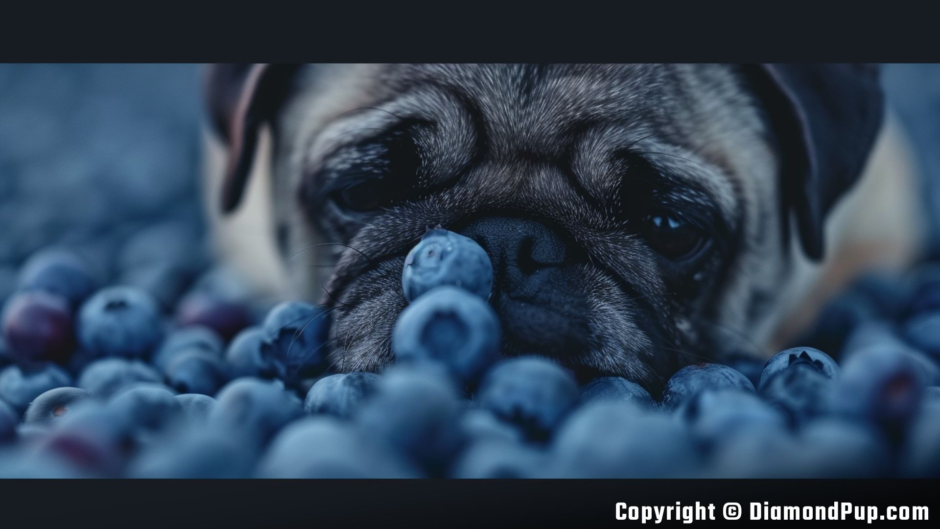 Photograph of a Playful Pug Eating Blueberries