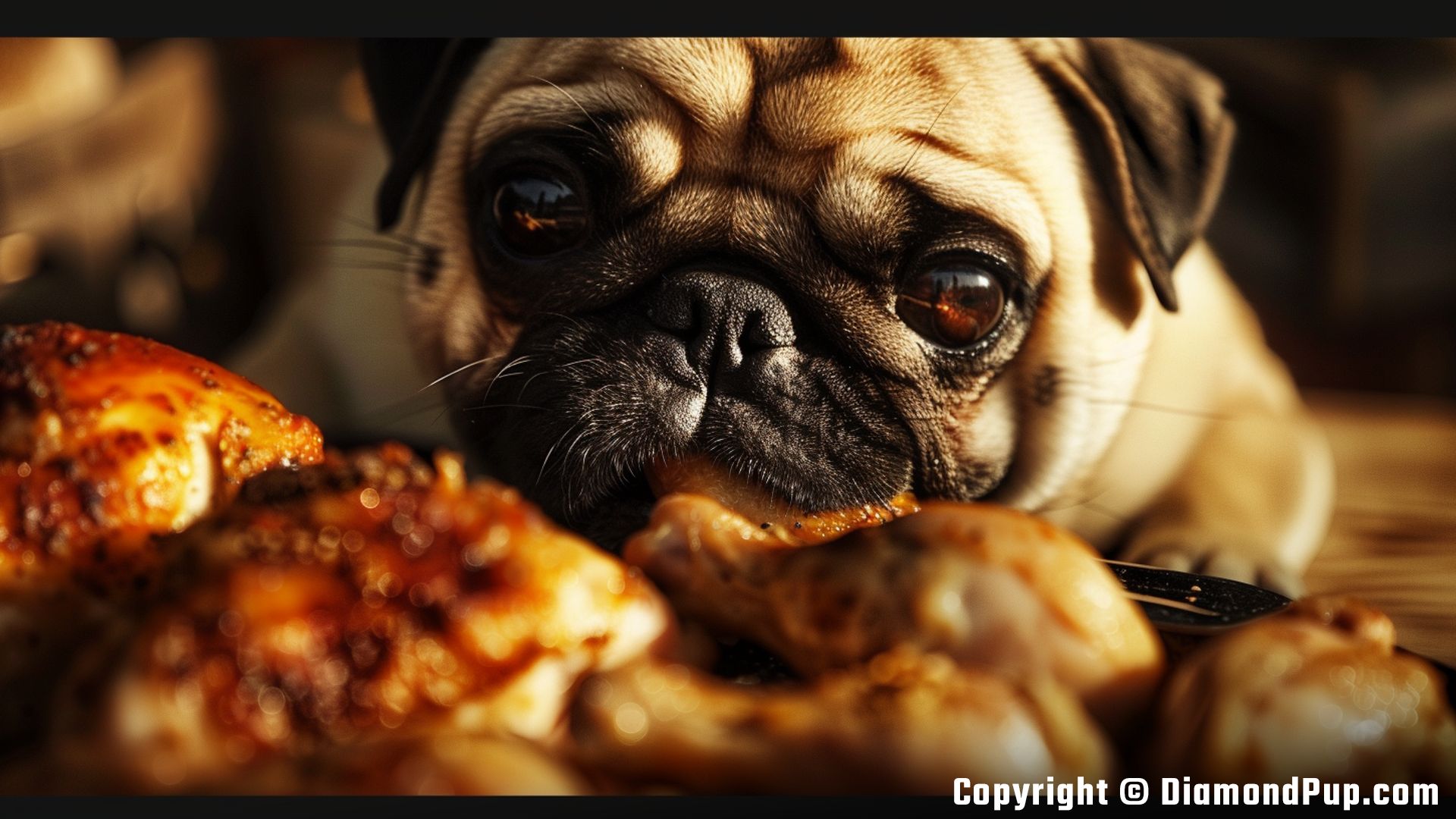 Photograph of a Playful Pug Snacking on Chicken