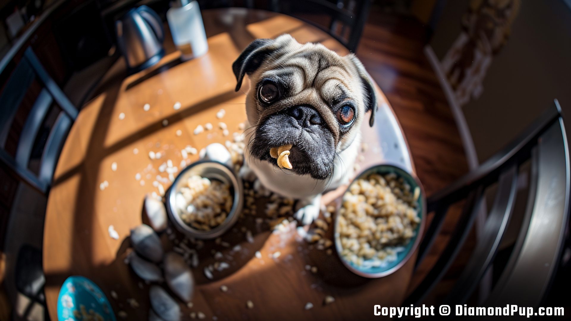 Photograph of a Playful Pug Snacking on Pasta